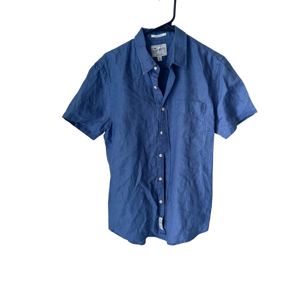 Lucky Brand Mens Blue 100% Linen Short Sleeve Button Down Shirt Classic Fit S